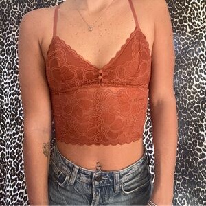 Lace Tank: Aerie, burnt orange color, all lace, button detail, size x-small